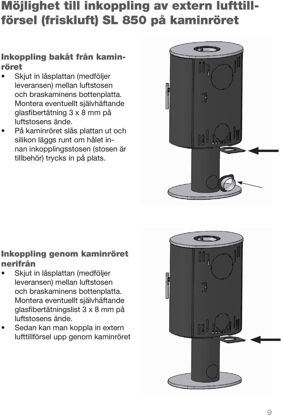 På kaminröret slås plattan ut och silikon läggs runt om hålet innan inkopplingsstosen (stosen är tillbehör) trycks in på plats.