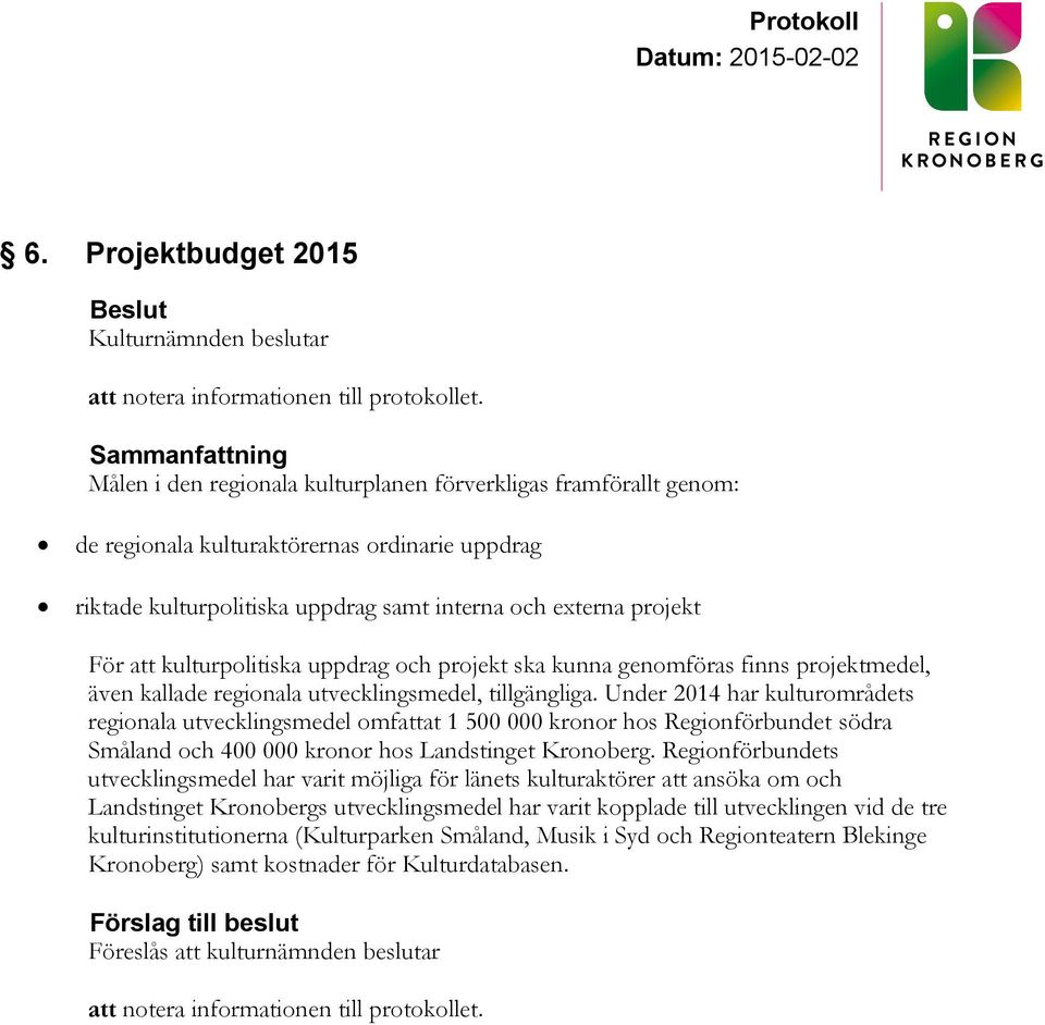 Under 2014 har kulturområdets regionala utvecklingsmedel omfattat 1 500 000 kronor hos Regionförbundet södra Småland och 400 000 kronor hos Landstinget Kronoberg.