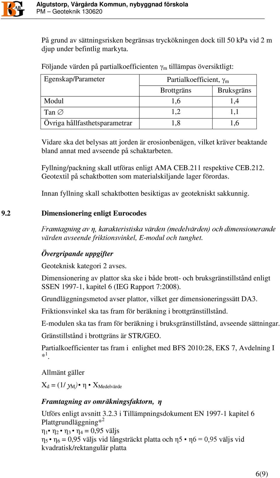 Vidare ska det belysas att jorden är erosionbenägen, vilket kräver beaktande bland annat med avseende på schaktarbeten. Fyllning/packning skall utföras enligt AMA CEB.211 respektive CEB.212.