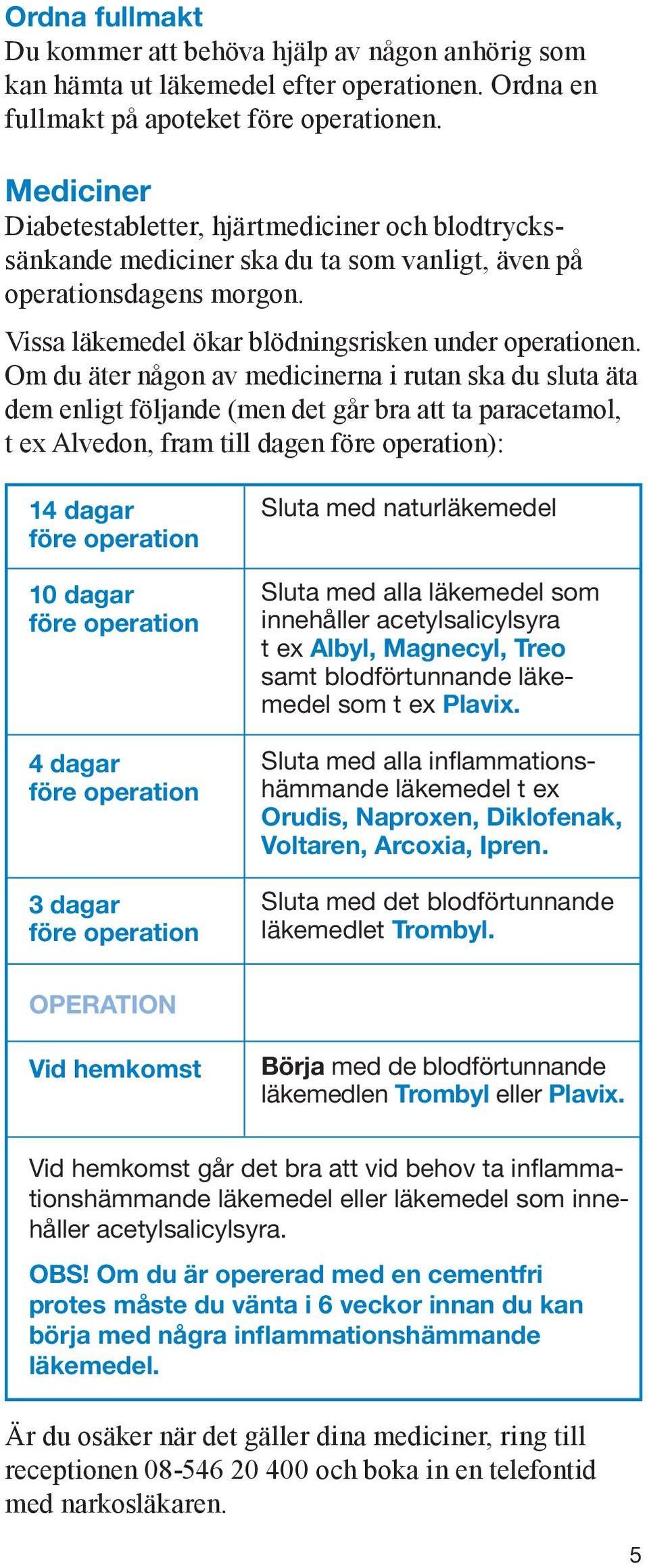 Om du äter någon av medicinerna i rutan ska du sluta äta dem enligt följande (men det går bra att ta paracetamol, t ex Alvedon, fram till dagen före operation): 14 dagar före operation 10 dagar före