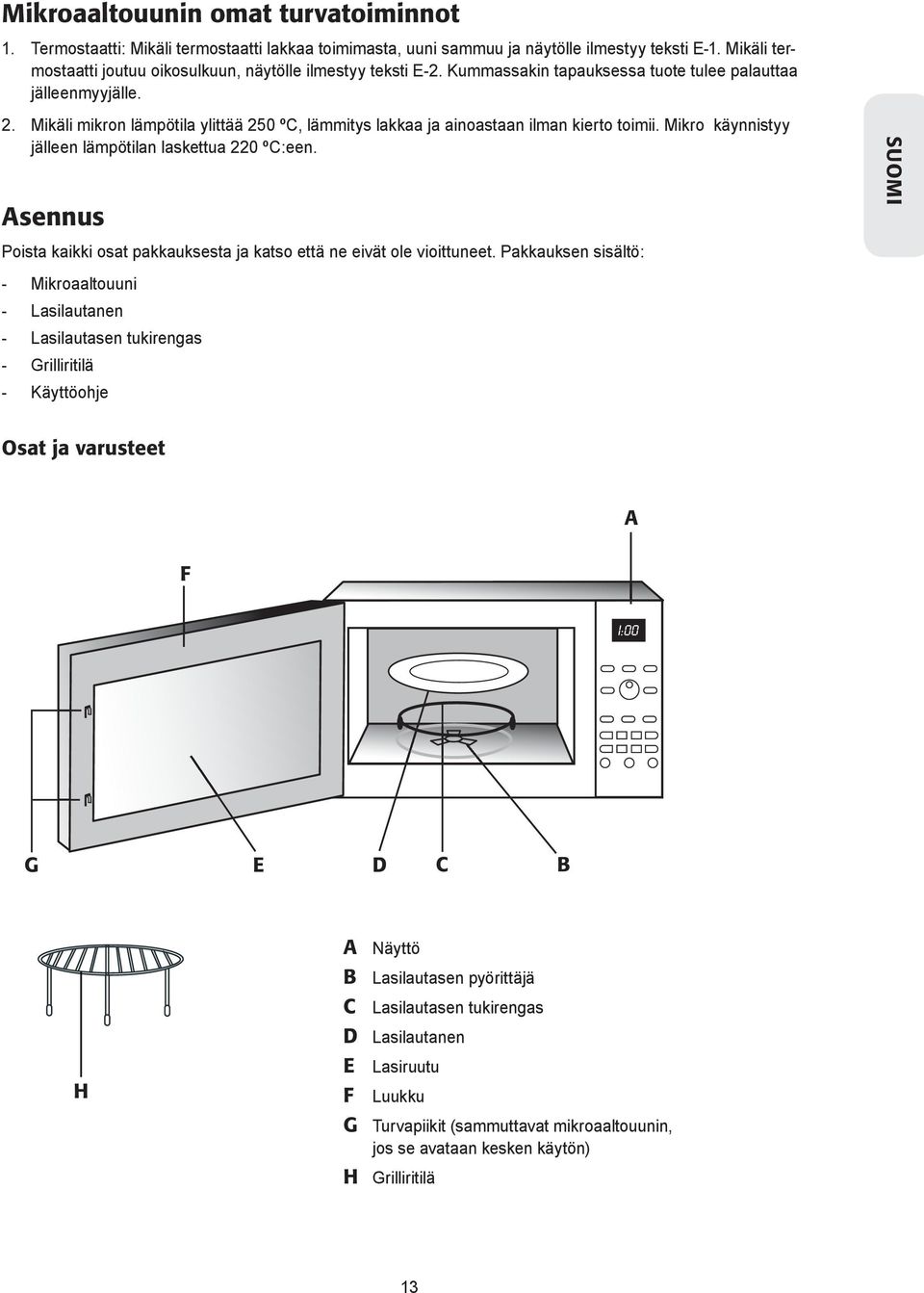 Mikäli mikron lämpötila ylittää 250 ºC, lämmitys lakkaa ja ainoastaan ilman kierto toimii. Mikro käynnistyy jälleen lämpötilan laskettua 220 ºC:een.