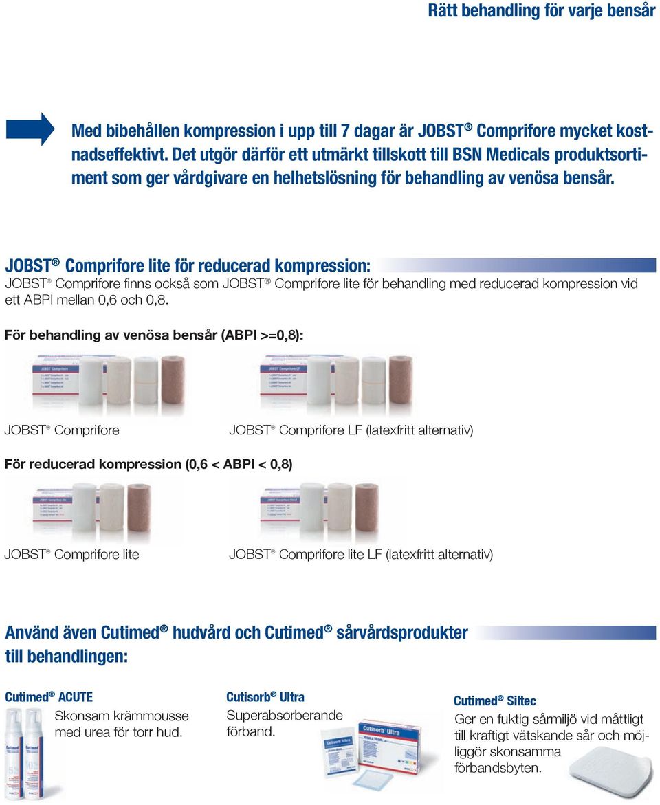 JOBST Comprifore lite för reducerad kompression: JOBST Comprifore finns också som JOBST Comprifore lite för behandling med reducerad kompression vid ett ABPI mellan 0,6 och 0,8.