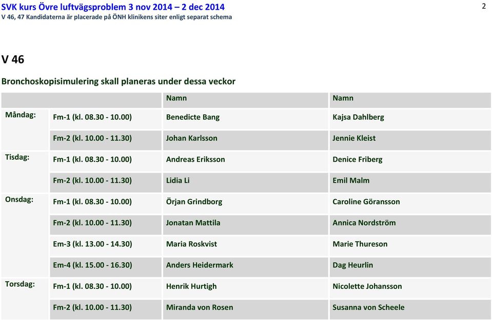 10.00 11.30) Lidia Li Emil Malm Onsdag: Fm 1 (kl. 08.30 10.00) Örjan Grindborg Caroline Göransson Fm 2 (kl. 10.00 11.30) Jonatan Mattila Annica Nordström Em 3 (kl. 13.00 14.