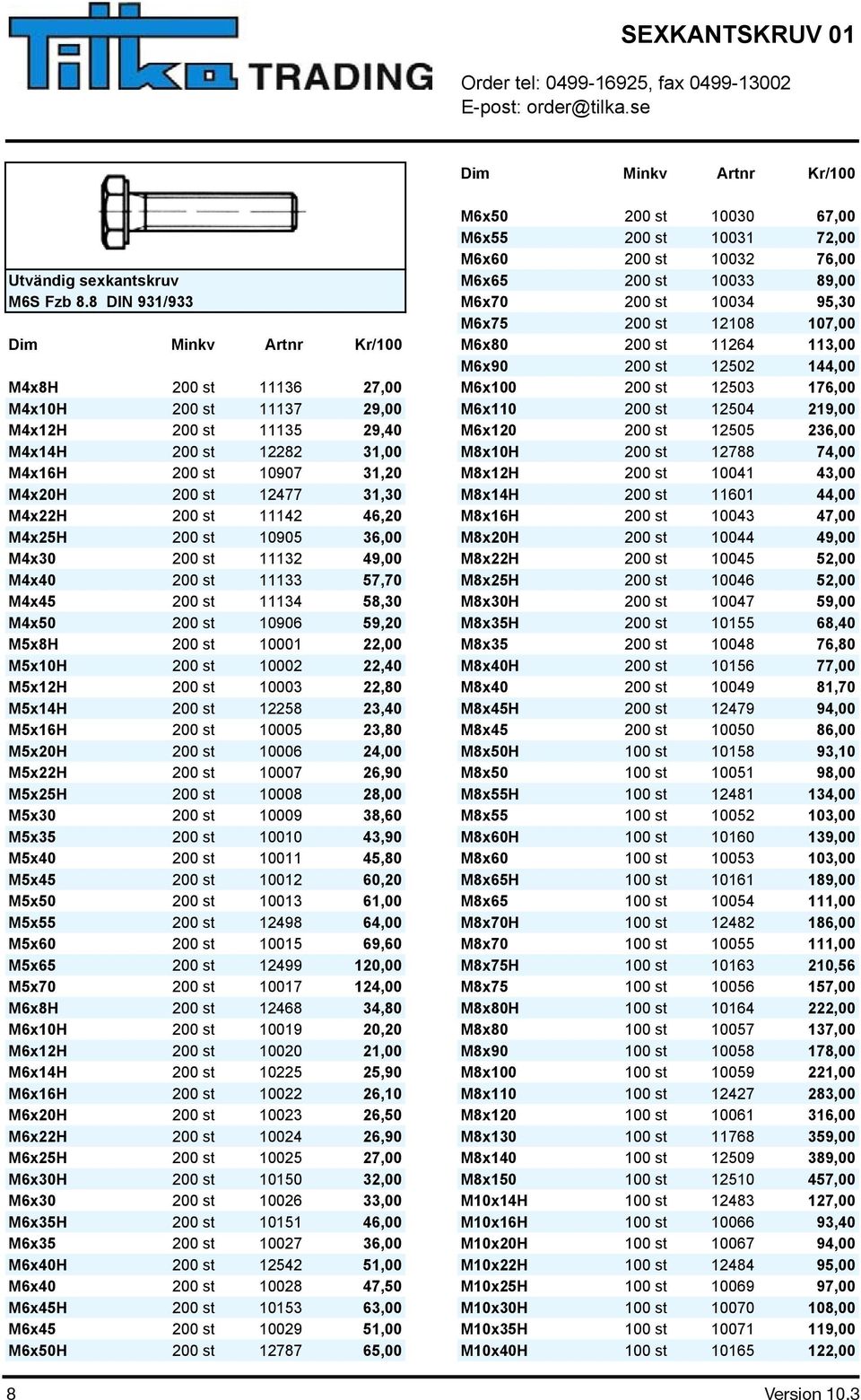 200 st 11137 29,00 M6x110 200 st 12504 219,00 M4x12H 200 st 11135 29,40 M6x120 200 st 12505 236,00 M4x14H 200 st 12282 31,00 M8x10H 200 st 12788 74,00 M4x16H 200 st 10907 31,20 M8x12H 200 st 10041