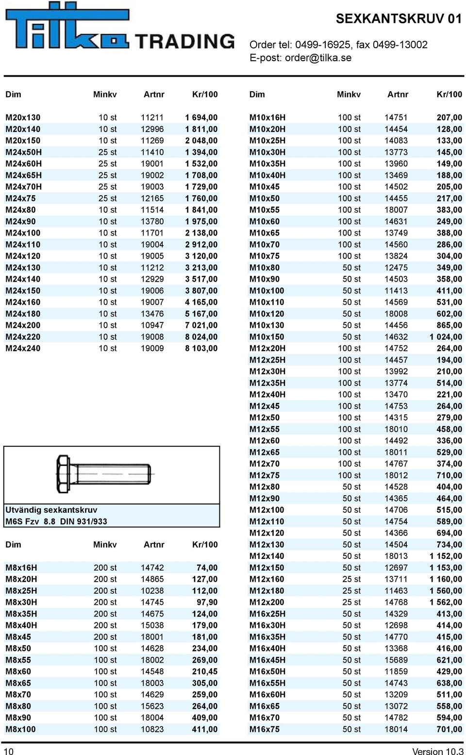 188,00 M24x70H 25 st 19003 1 729,00 M10x45 100 st 14502 205,00 M24x75 25 st 12165 1 760,00 M10x50 100 st 14455 217,00 M24x80 10 st 11514 1 841,00 M10x55 100 st 18007 383,00 M24x90 10 st 13780 1