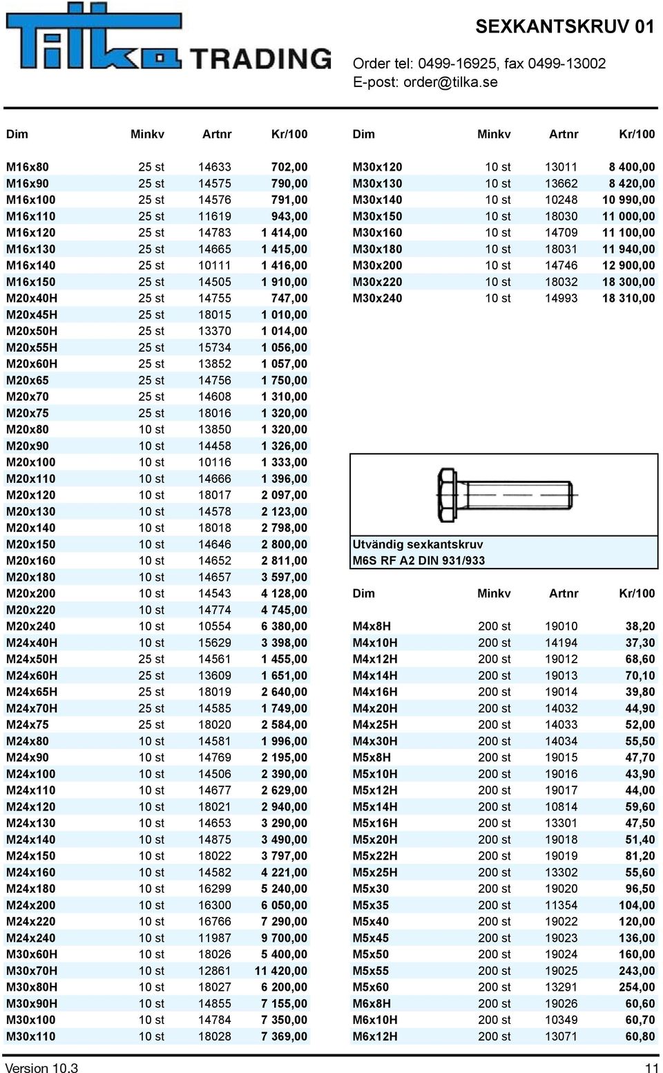 940,00 M16x140 25 st 10111 1 416,00 M30x200 10 st 14746 12 900,00 M16x150 25 st 14505 1 910,00 M30x220 10 st 18032 18 300,00 M20x40H 25 st 14755 747,00 M30x240 10 st 14993 18 310,00 M20x45H 25 st