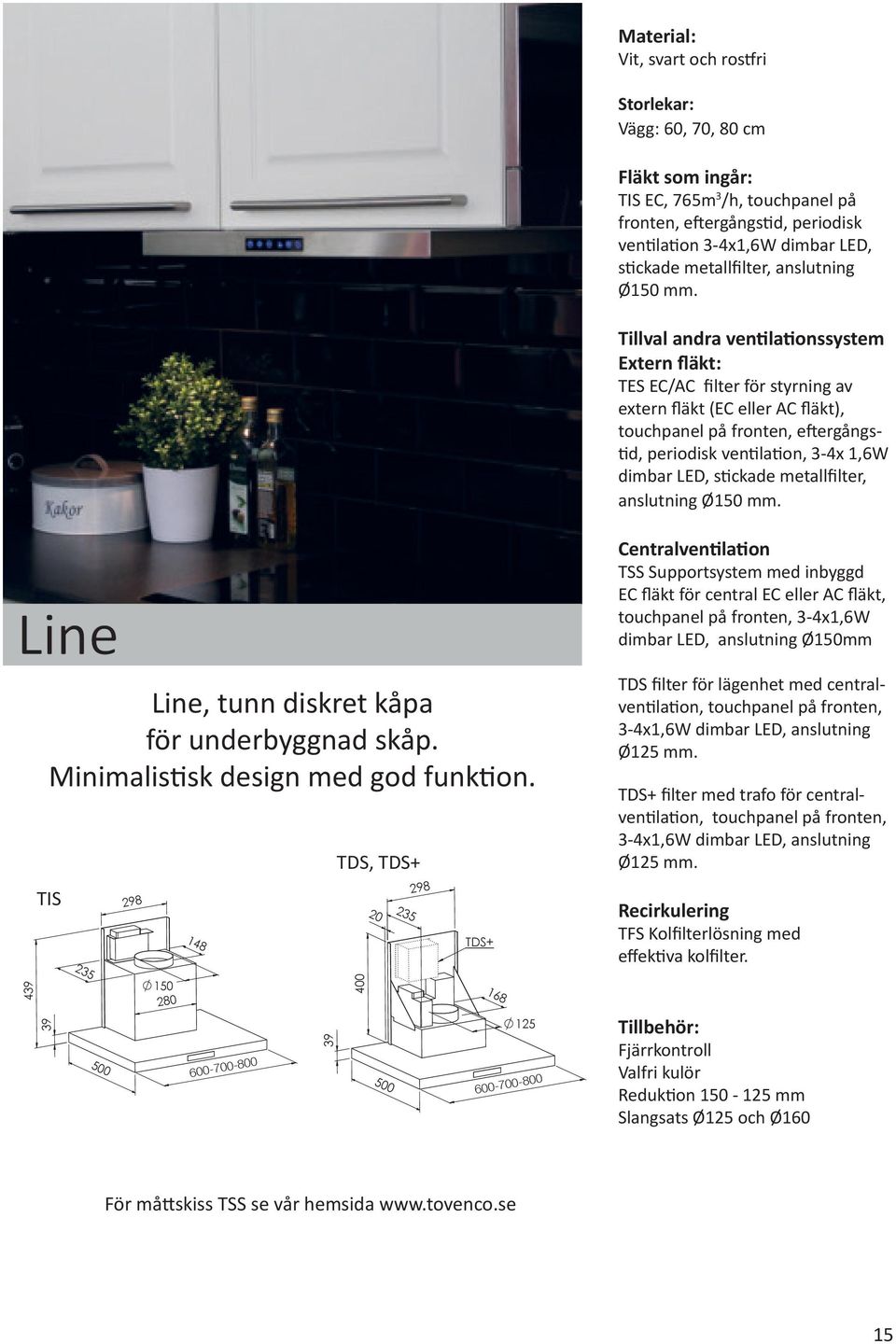 Tillval andra ventilationssystem Extern fläkt: TES EC/AC filter för styrning av extern fläkt (EC eller AC fläkt), eftergångstid, periodisk ventilation, 3-4x 1,6W dimbar LED, stickade metallfilter,