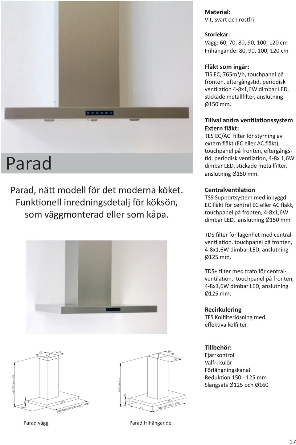 Tillval andra ventilationssystem Extern fläkt: TES EC/AC filter för styrning av extern fläkt (EC eller AC fläkt), eftergångstid, periodisk ventilation, 4-8x 1,6W dimbar LED, stickade metallfilter,