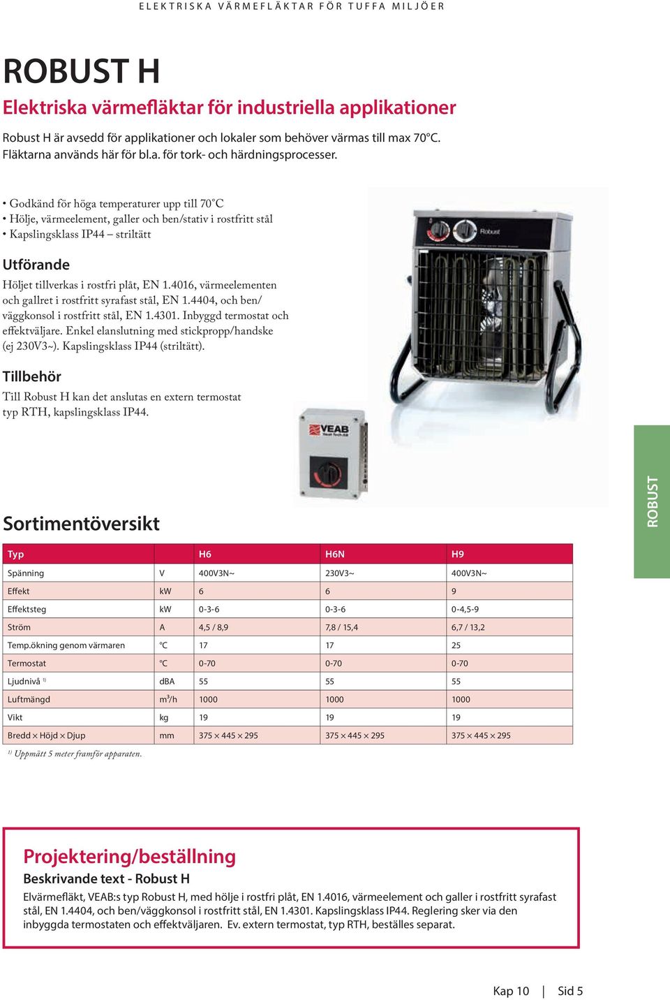 4016, värmeelementen och gallret i rostfritt syrafast stål, EN 1.4404, och ben/ väggkonsol i rostfritt stål, EN 1.4301. Inbyggd termostat och effektväljare.