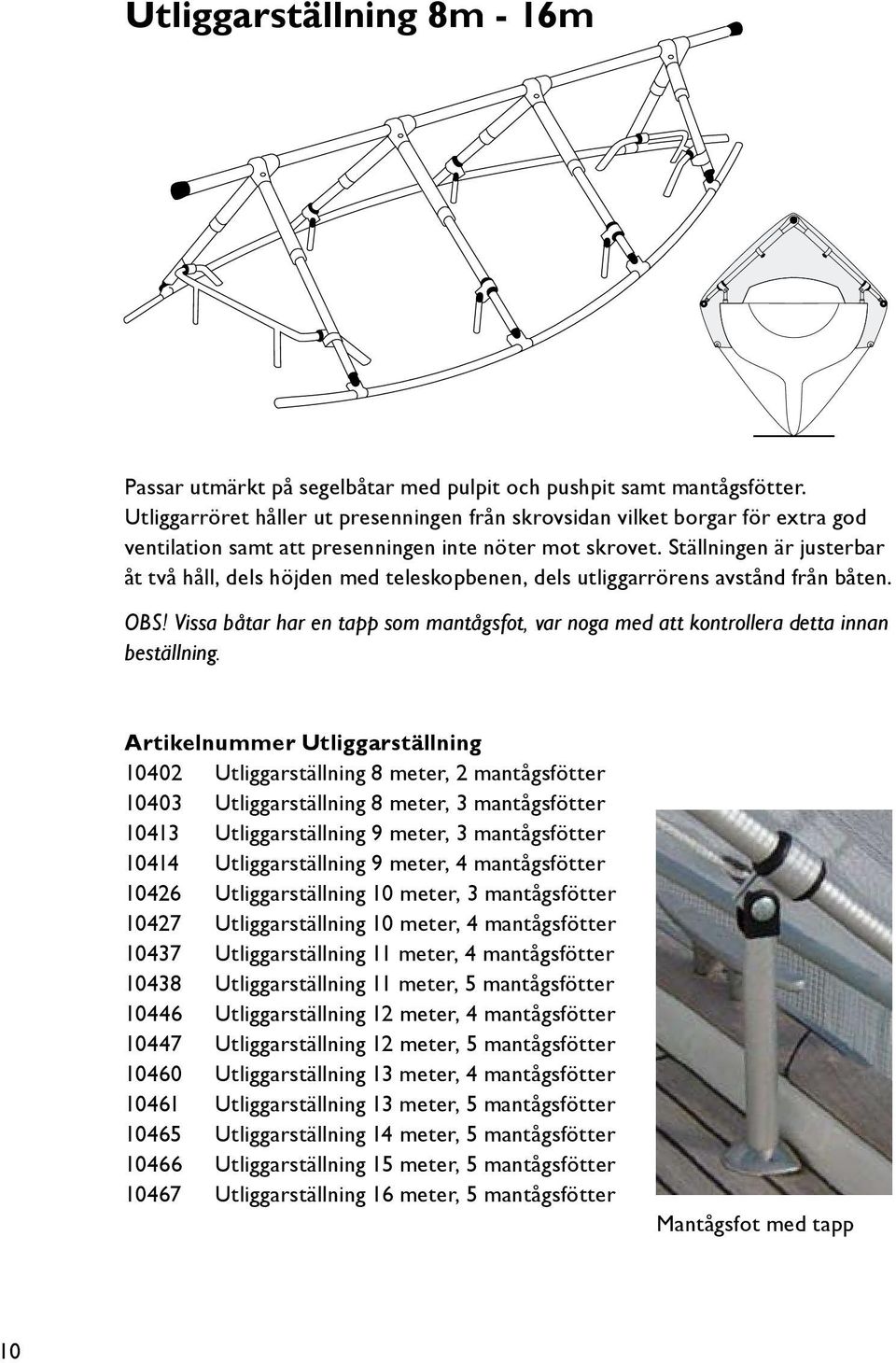 Ställningen är justerbar åt två håll, dels höjden med teleskopbenen, dels utliggarrörens avstånd från båten. OBS!