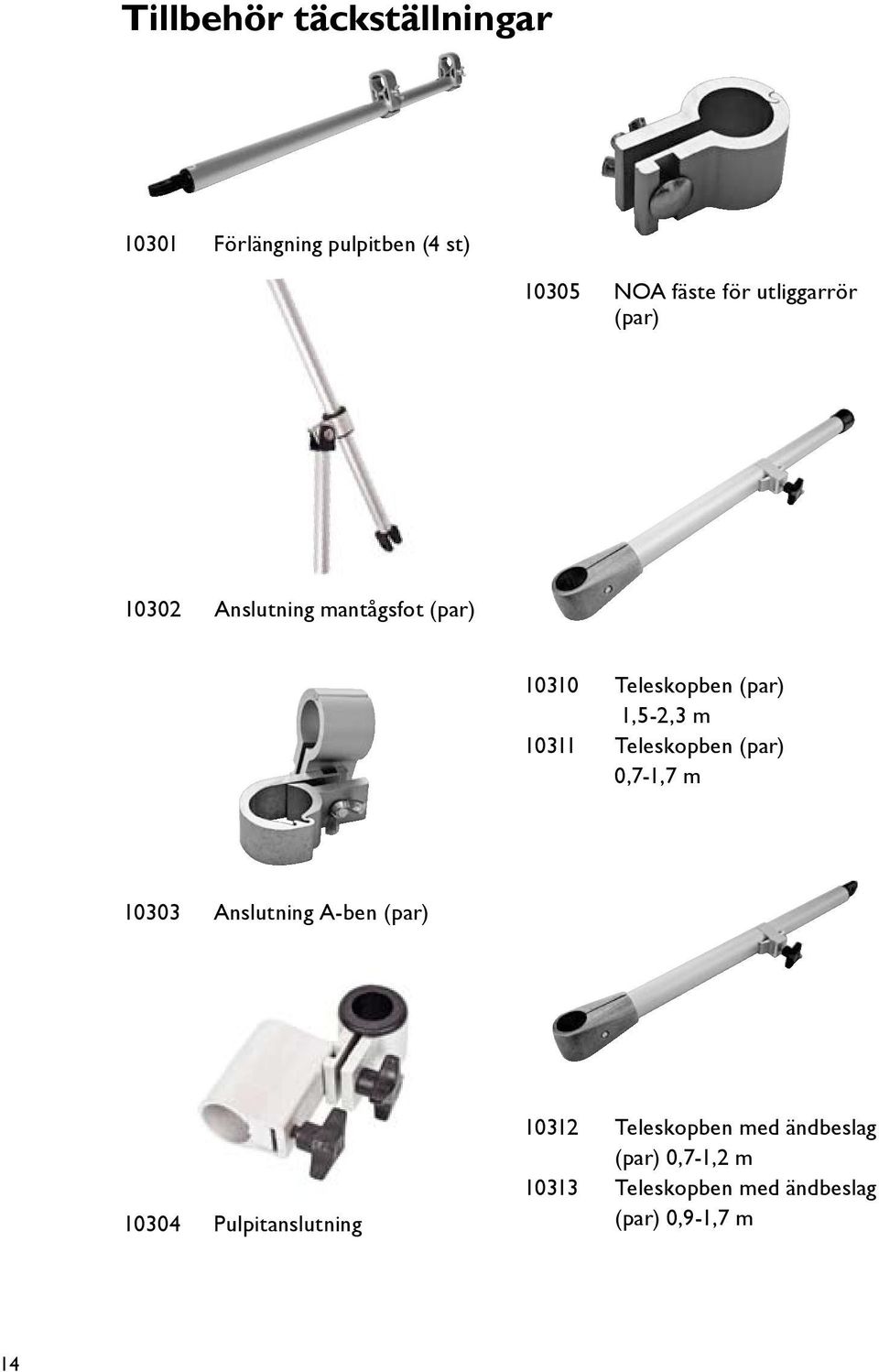 10311 Teleskopben (par) 0,7-1,7 m 10303 Anslutning A-ben (par) 10304 Pulpitanslutning