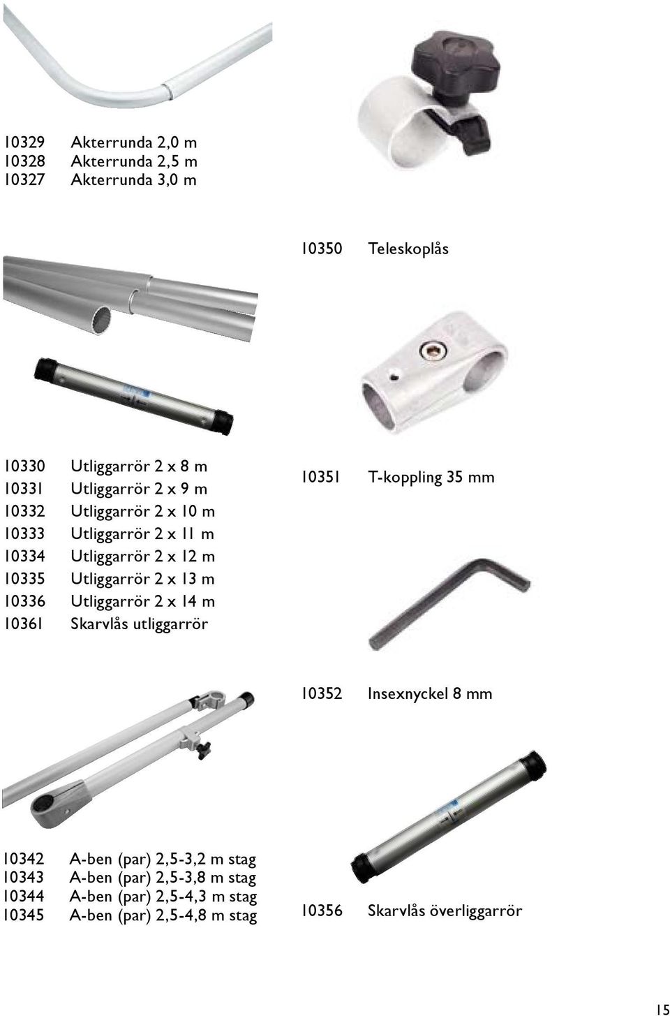 10336 Utliggarrör 2 x 14 m 10361 Skarvlås utliggarrör 10351 T-koppling 35 mm 10352 Insexnyckel 8 mm 10342 A-ben (par) 2,5-3,2 m