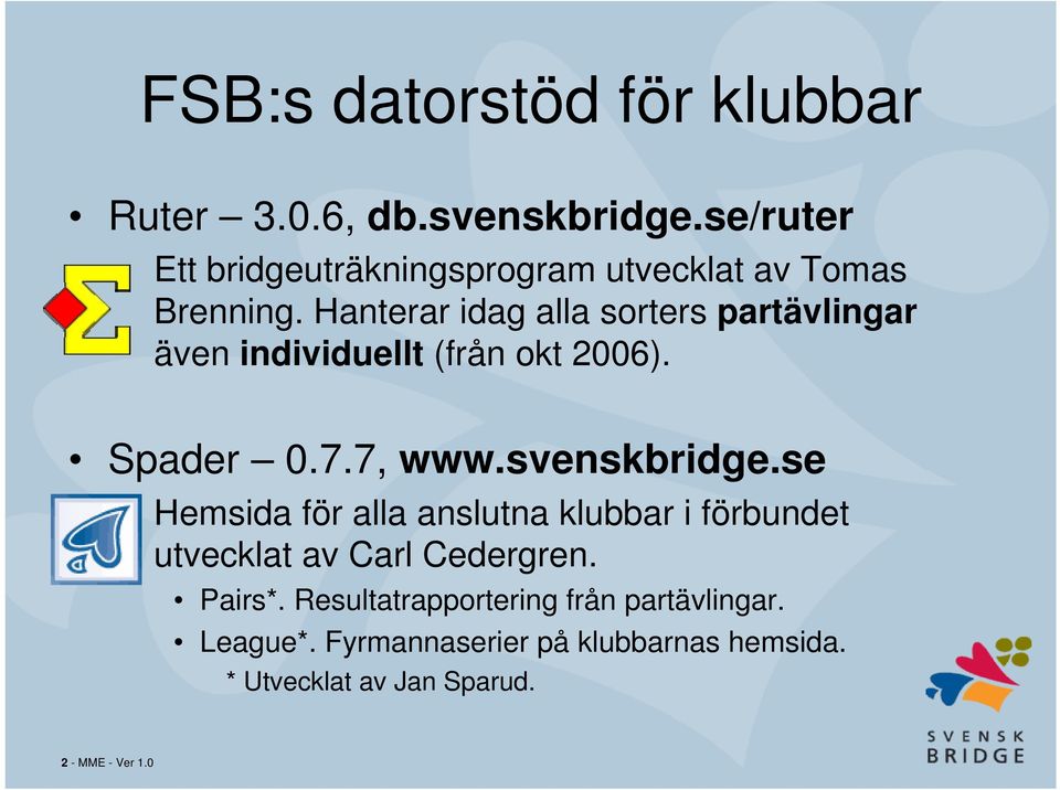 Hanterar idag alla sorters partävlingar även individuellt (från okt 2006). Spader 0.7.7, www.svenskbridge.