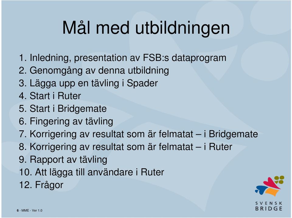 Start i Bridgemate 6. Fingering av tävling 7.