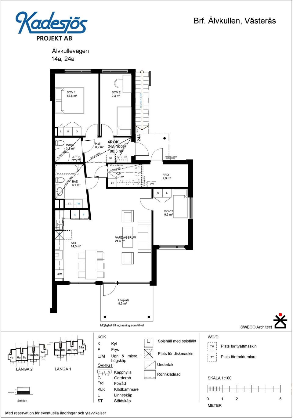 VÄ RD 4,9 m² ök VARDASRUM 24,5 m² U/M Uteplats Möjlighet till inglasning som tillval SWECO Architect 14a 10a 12a 4a 6a 8a Entréplan 2 1 ÄNA 2 ÄNA 1 Sektion 24a