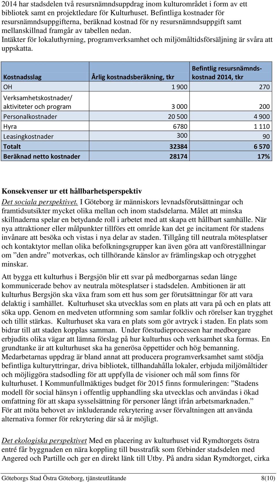 Intäkter för lokaluthyrning, programverksamhet och miljömåltidsförsäljning är svåra att uppskatta.