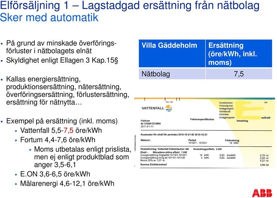 15 Kallas energiersättning, produktionsersättning, nätersättning, överföringsersättning, förlustersättning, ersättning för nätnytta Villa