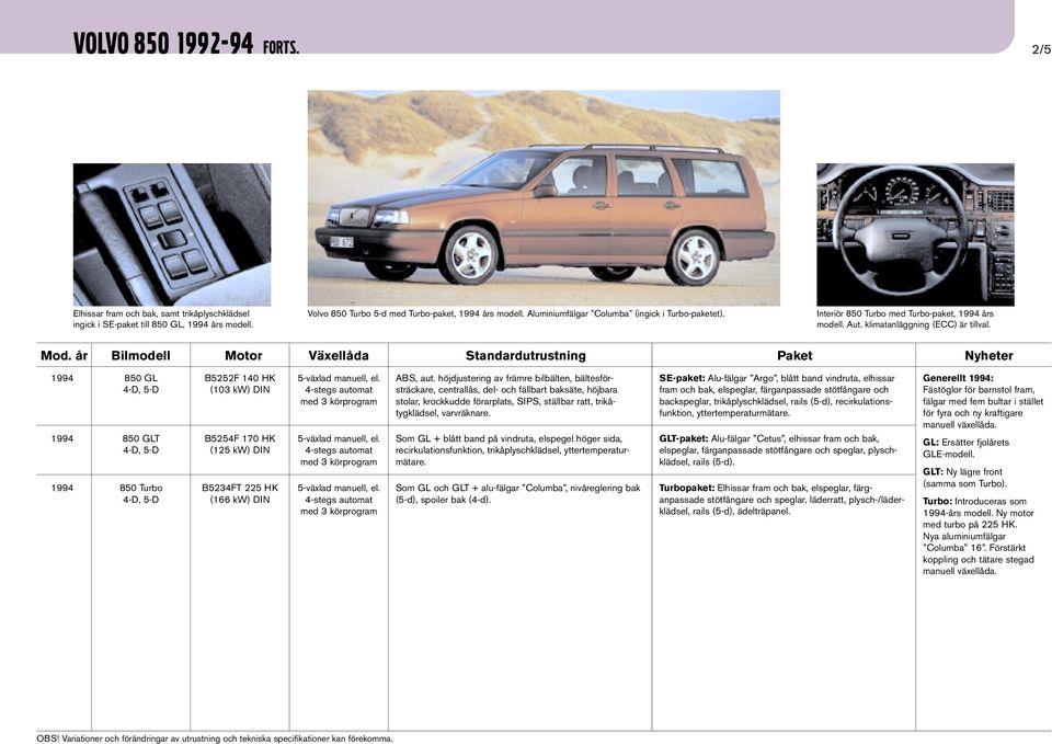 1994 850 GL 1994 850 GLT 1994 850 Turbo B5252F 140 HK B5234FT 225 HK stolar, krockkudde förarplats, SIPS, ställbar ratt, trikåtygklädsel, Som GL + blått band på vindruta, elspegel höger sida,