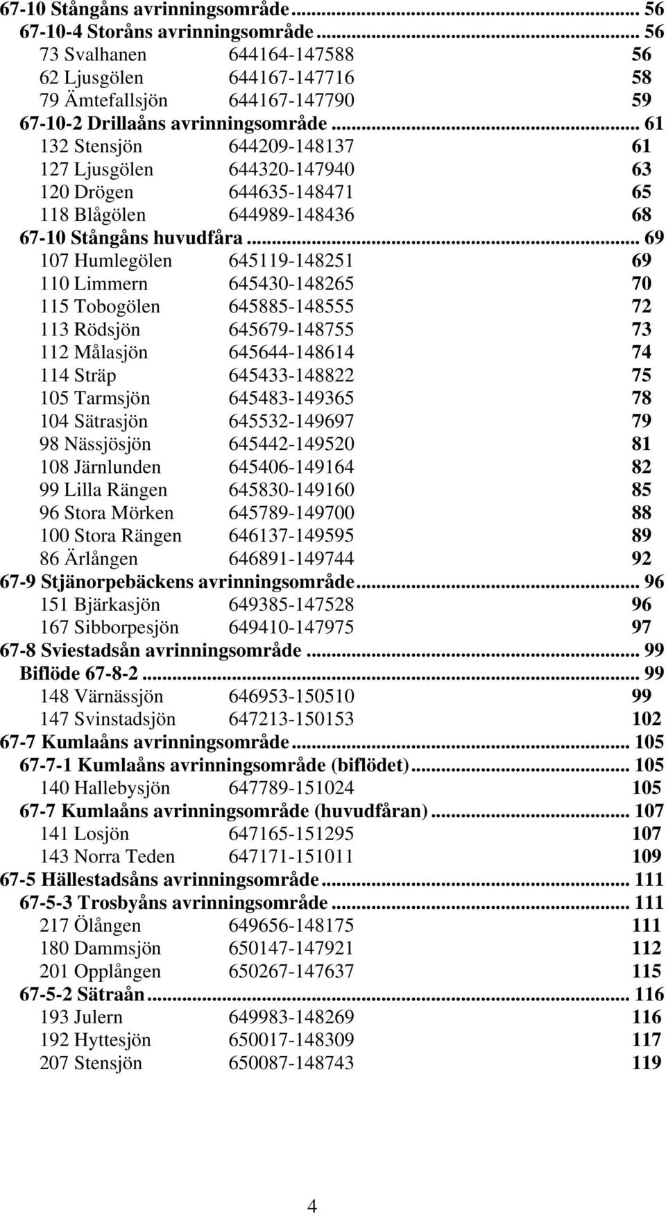 .. 61 132 Stensjön 644209-148137 61 127 Ljusgölen 644320-147940 63 120 Drögen 644635-148471 65 118 Blågölen 644989-148436 68 67-10 Stångåns huvudfåra.
