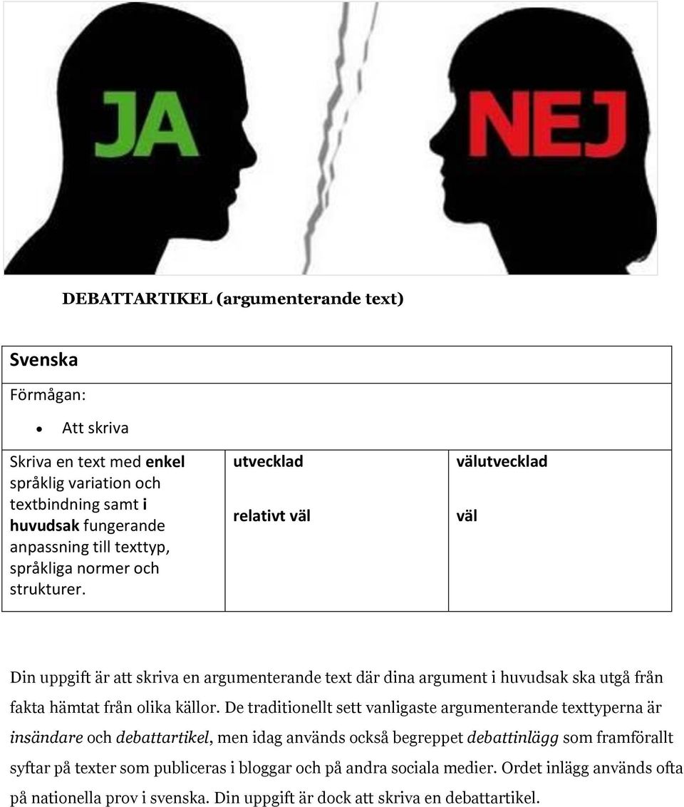 utvecklad relativt väl välutvecklad väl Din uppgift är att skriva en argumenterande text där dina argument i huvudsak ska utgå från fakta hämtat från olika källor.