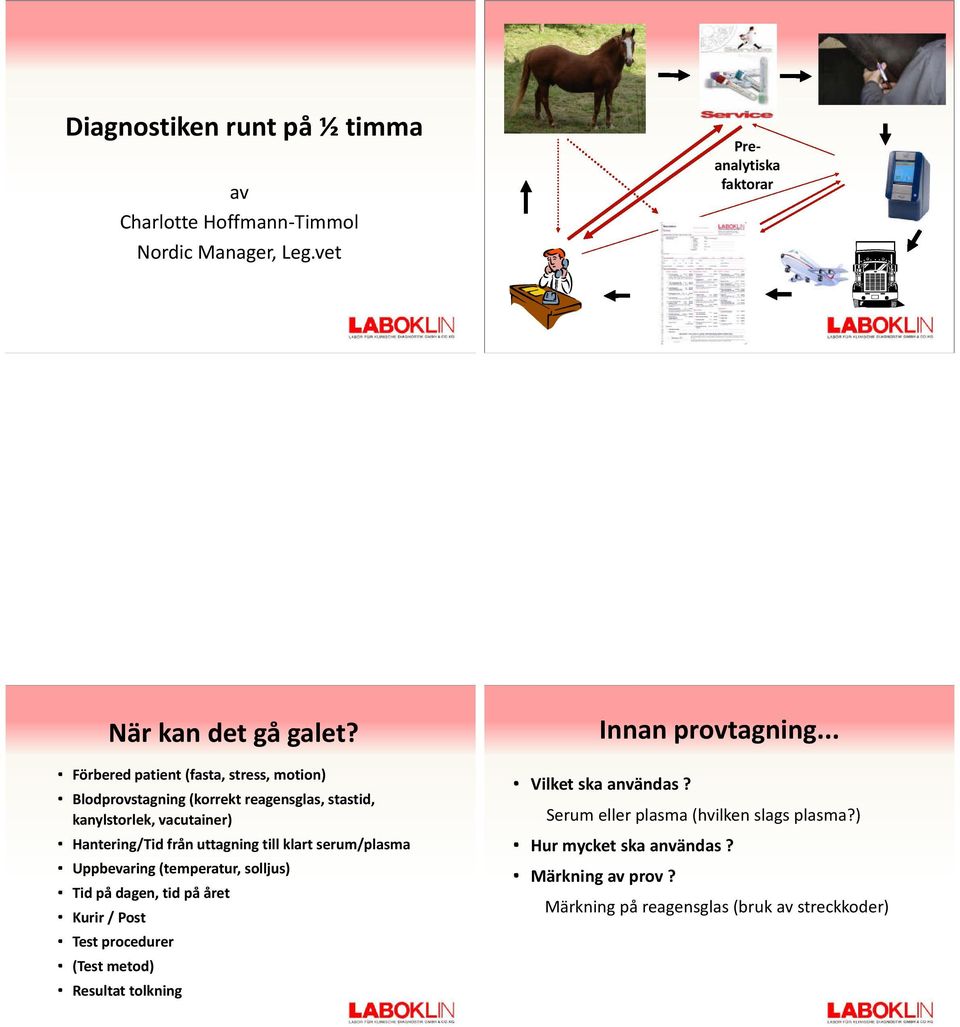 till klart serum/plasma Uppbevaring (temperatur, solljus) Tid på dagen, tid på året Kurir / Post Test procedurer (Test metod) Resultat tolkning