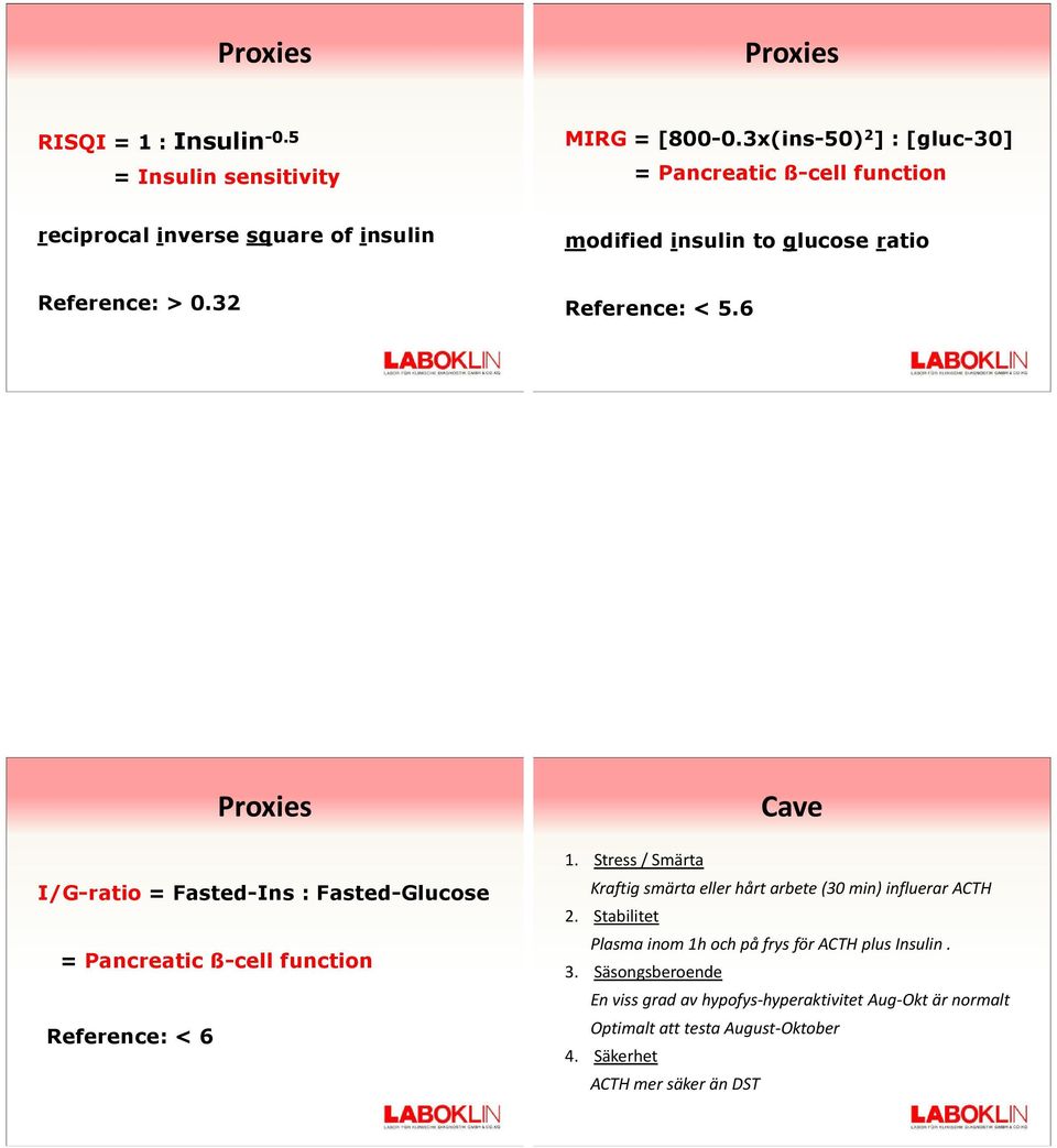32 Reference: < 5.6 Proxies I/G-ratio = Fasted-Ins : Fasted-Glucose = Pancreatic ß-cell function Reference: < 6 Cave 1.