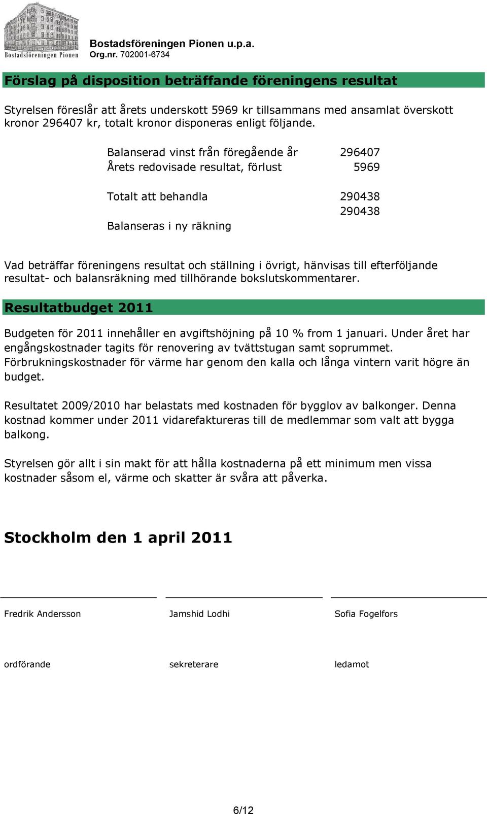 hänvisas till efterföljande resultat- och balansräkning med tillhörande bokslutskommentarer. Resultatbudget 2011 Budgeten för 2011 innehåller en avgiftshöjning på 10 % from 1 januari.