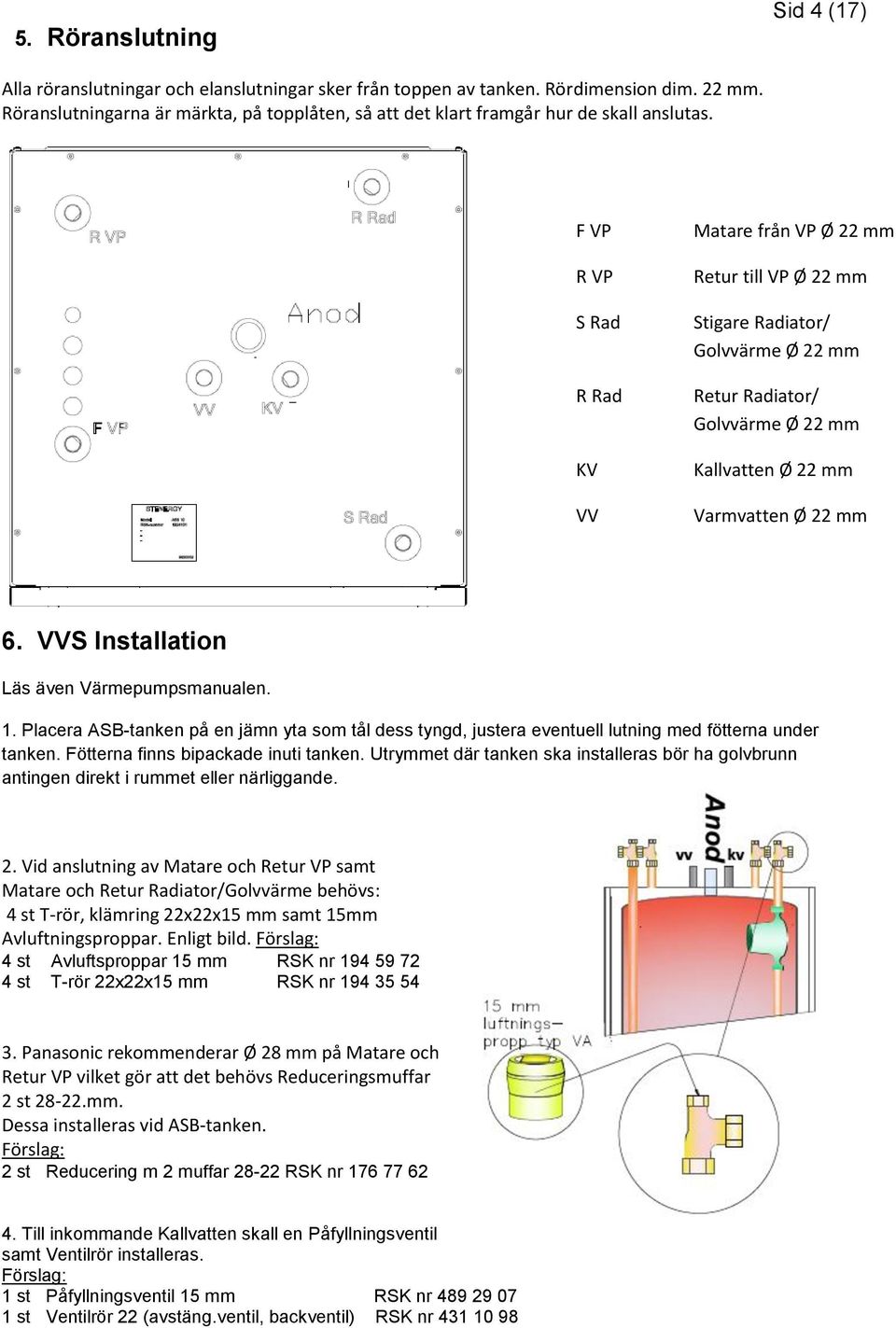 F VP R VP S Rad R Rad KV VV Matare från VP Ø 22 mm Retur till VP Ø 22 mm Stigare Radiator/ Golvvärme Ø 22 mm Retur Radiator/ Golvvärme Ø 22 mm Kallvatten Ø 22 mm Varmvatten Ø 22 mm 6.