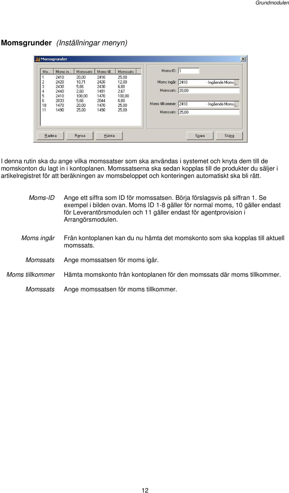 Moms-ID Moms ingår Momssats Moms tillkommer Momssats Ange ett siffra som ID för momssatsen. Börja förslagsvis på siffran 1. Se exempel i bilden ovan.