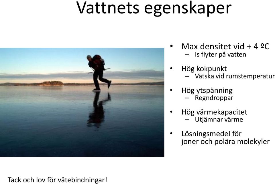 Regndroppar Hög värmekapacitet Utjämnar värme Lösningsmedel