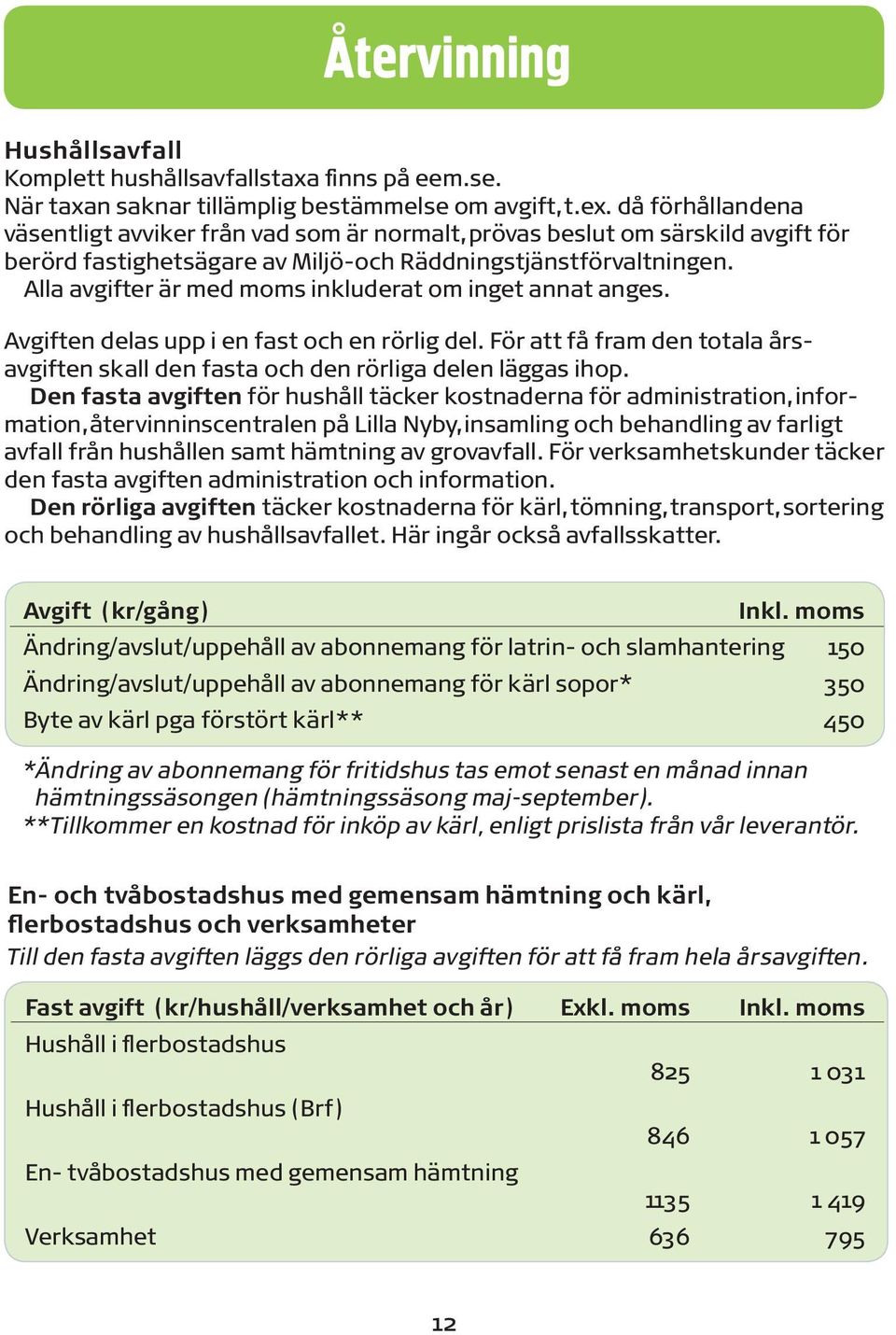 Alla avgifter är med moms inkluderat om inget annat anges. Avgiften delas upp i en fast och en rörlig del. För att få fram den totala årsavgiften skall den fasta och den rörliga delen läggas ihop.