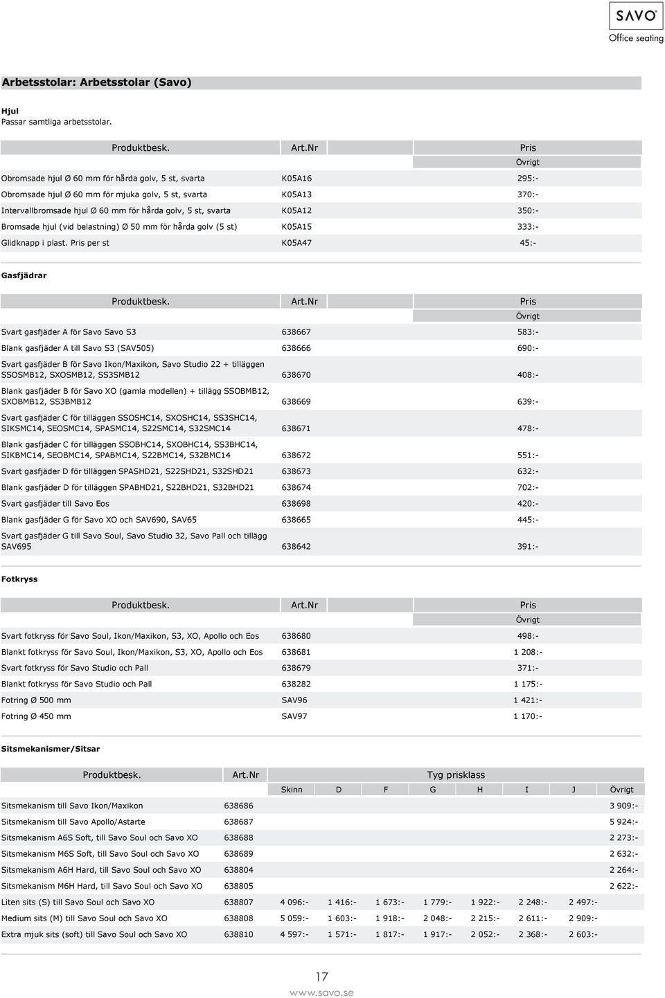 svarta K05A12 350:- Bromsade hjul (vid belastning) Ø 50 mm för hårda golv (5 st) K05A15 333:- Glidknapp i plast. Pris per st K05A47 45:- Gasfjädrar Produktbesk. Art.