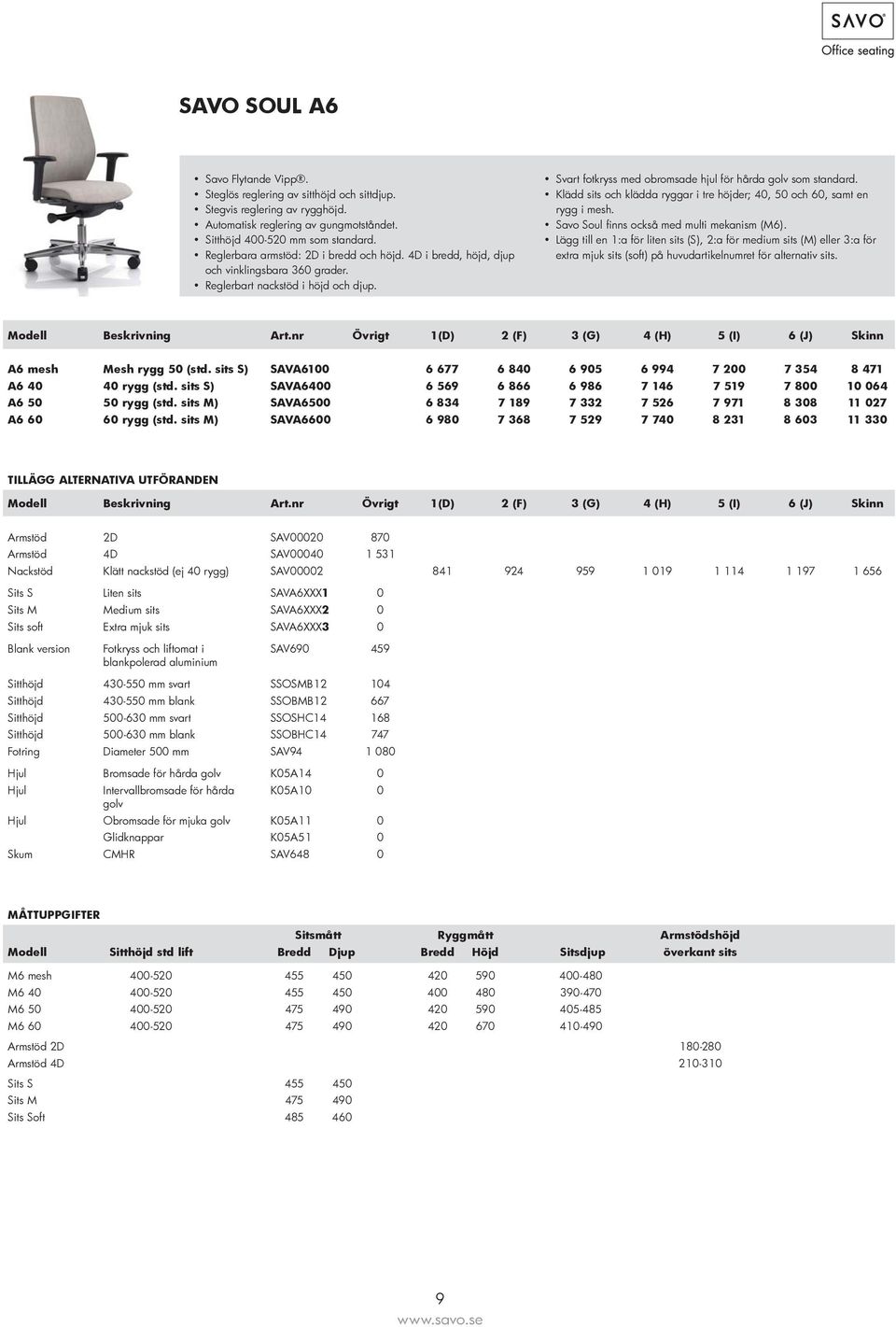 Klädd sits och klädda ryggar i tre höjder; 40, 50 och 60, samt en rygg i mesh. Savo Soul finns också med multi mekanism (M6).