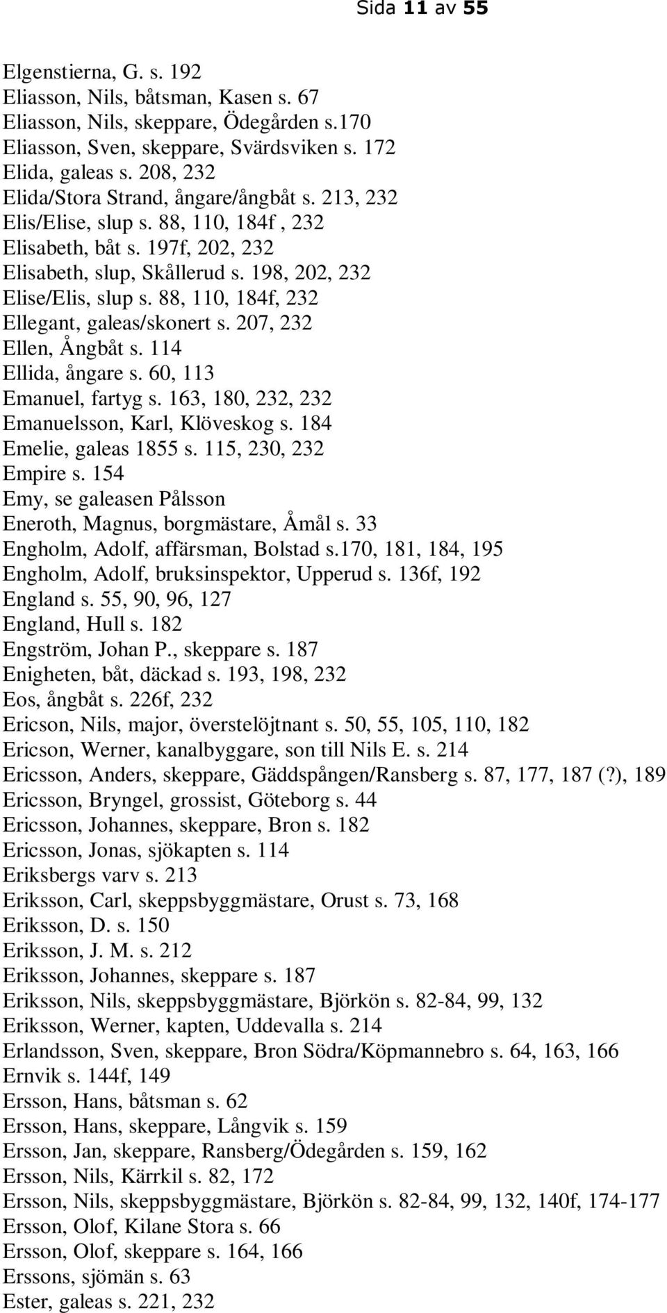 88, 110, 184f, 232 Ellegant, galeas/skonert s. 207, 232 Ellen, Ångbåt s. 114 Ellida, ångare s. 60, 113 Emanuel, fartyg s. 163, 180, 232, 232 Emanuelsson, Karl, Klöveskog s. 184 Emelie, galeas 1855 s.