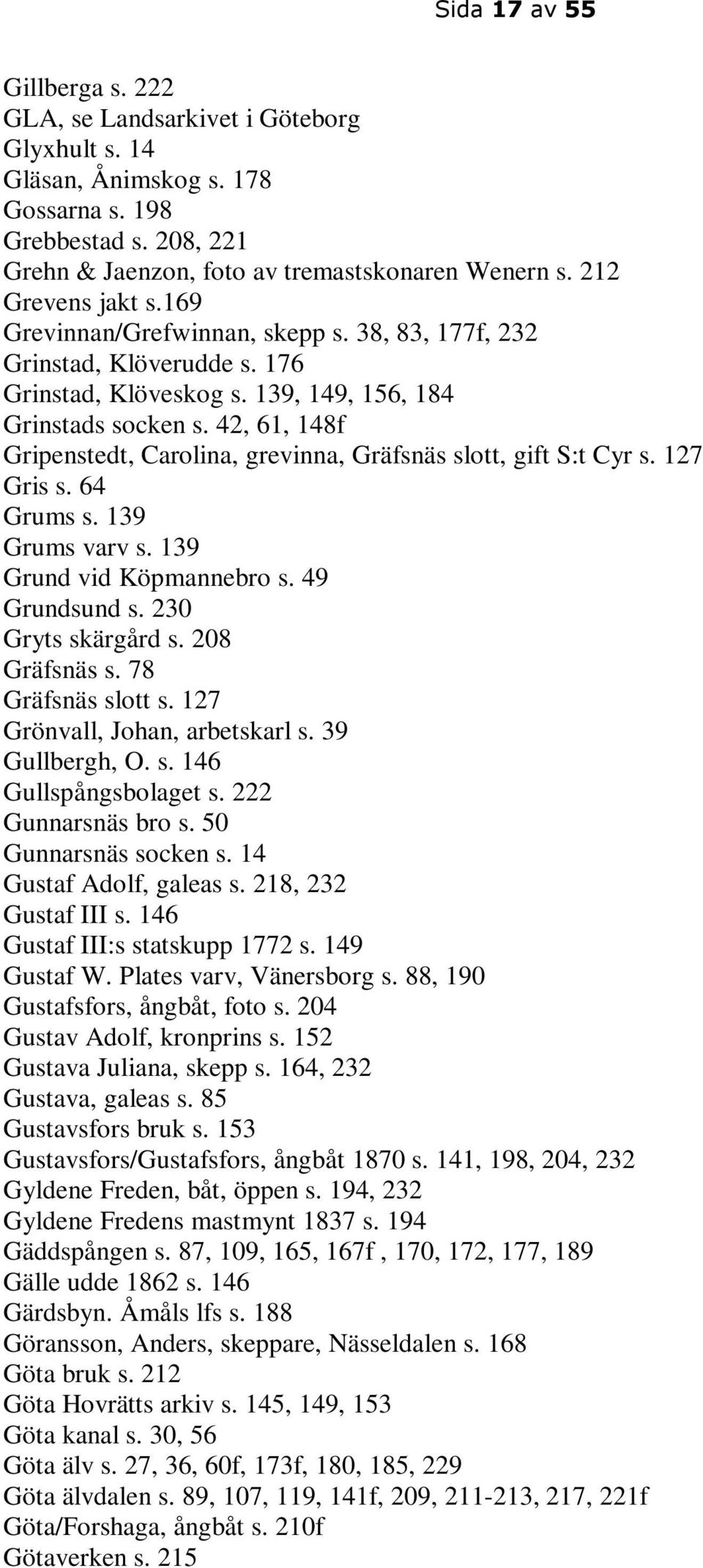 42, 61, 148f Gripenstedt, Carolina, grevinna, Gräfsnäs slott, gift S:t Cyr s. 127 Gris s. 64 Grums s. 139 Grums varv s. 139 Grund vid Köpmannebro s. 49 Grundsund s. 230 Gryts skärgård s.