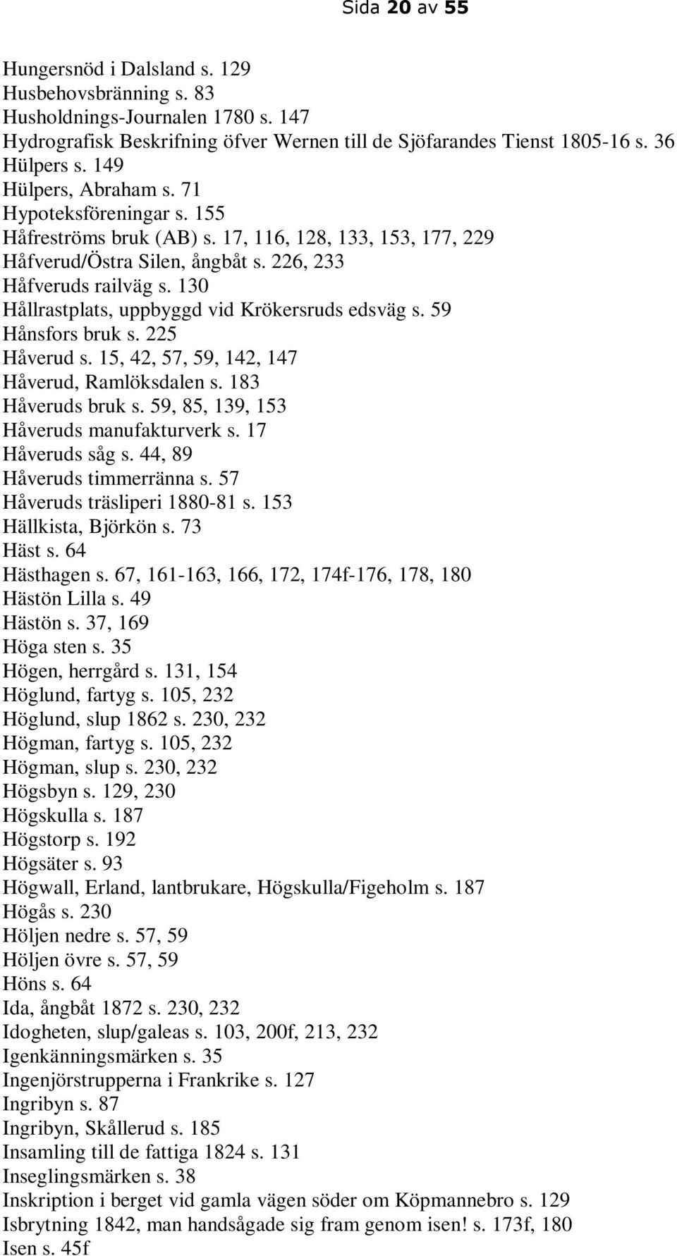 130 Hållrastplats, uppbyggd vid Krökersruds edsväg s. 59 Hånsfors bruk s. 225 Håverud s. 15, 42, 57, 59, 142, 147 Håverud, Ramlöksdalen s. 183 Håveruds bruk s.