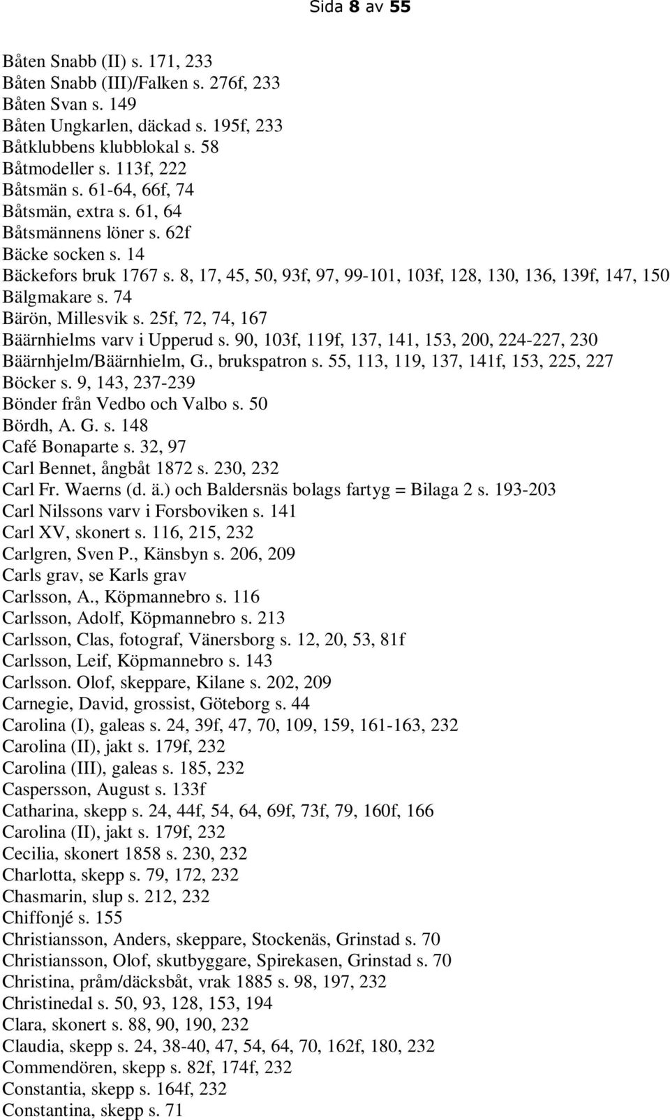 74 Bärön, Millesvik s. 25f, 72, 74, 167 Bäärnhielms varv i Upperud s. 90, 103f, 119f, 137, 141, 153, 200, 224-227, 230 Bäärnhjelm/Bäärnhielm, G., brukspatron s.