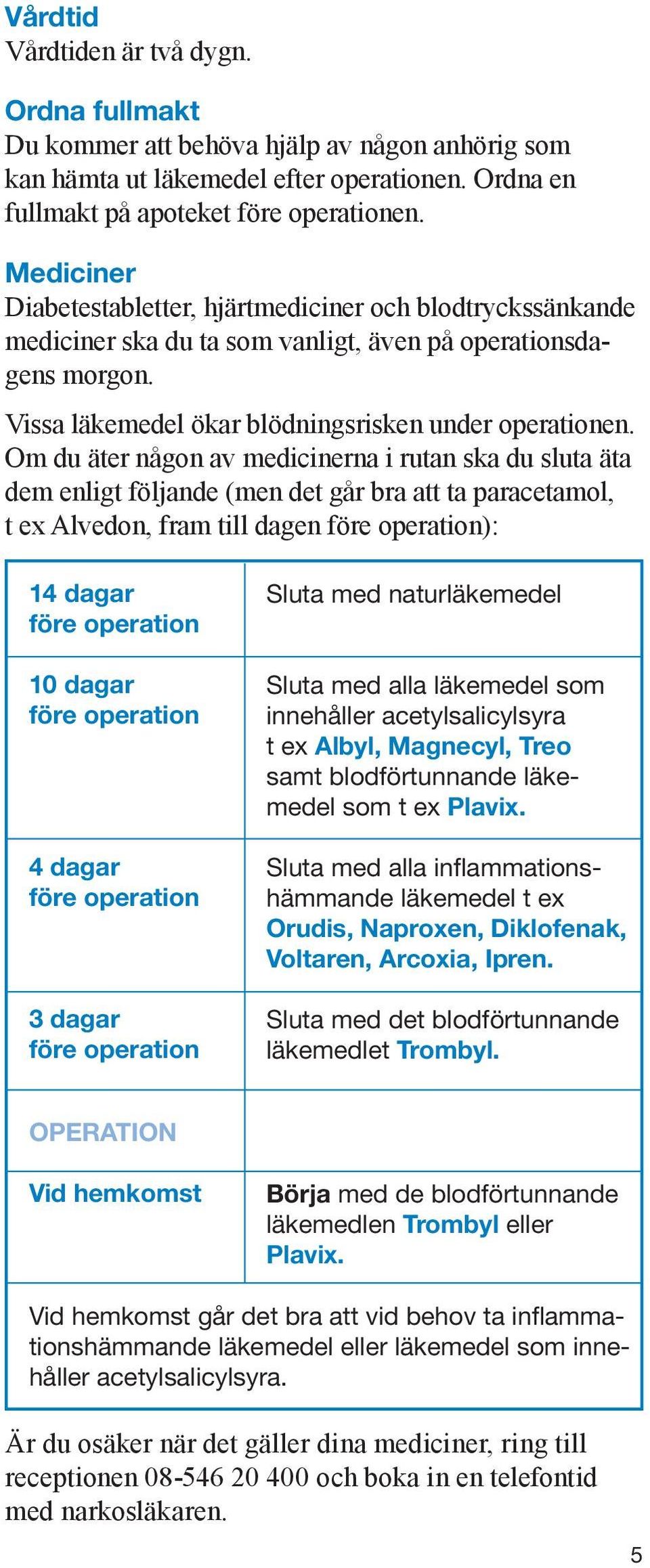 Om du äter någon av medicinerna i rutan ska du sluta äta dem enligt följande (men det går bra att ta paracetamol, t ex Alvedon, fram till dagen före operation): 14 dagar före operation 10 dagar före