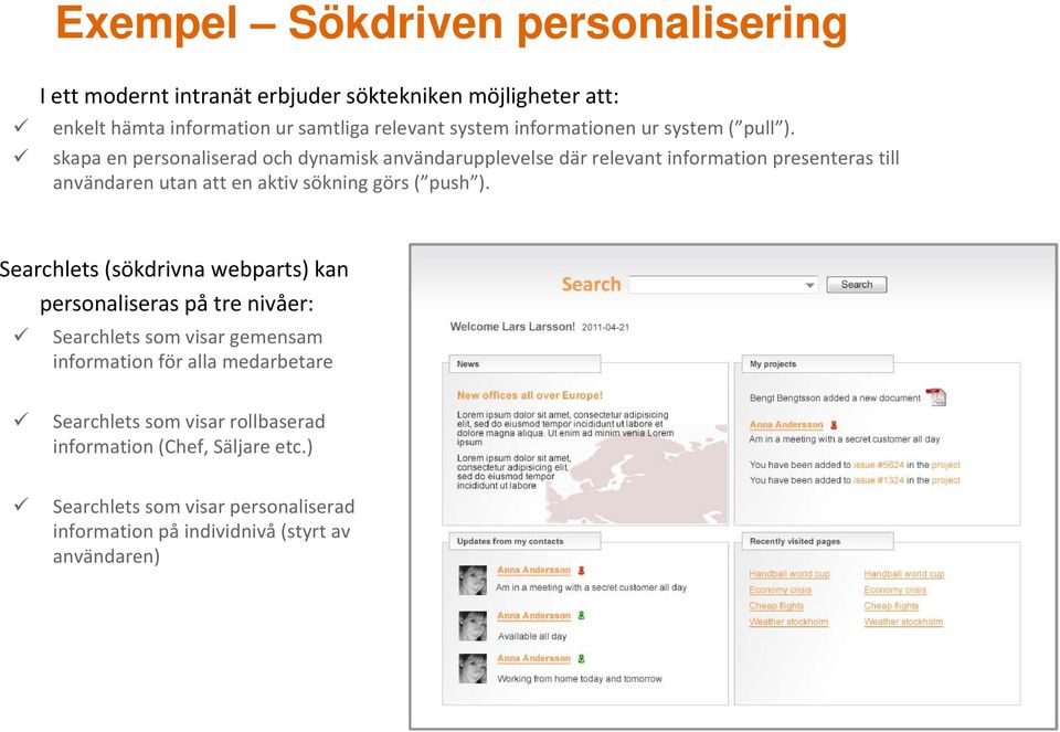 skapa en personaliserad och dynamisk användarupplevelse där relevant information presenteras till användaren utan att en aktiv sökning görs ( push ).