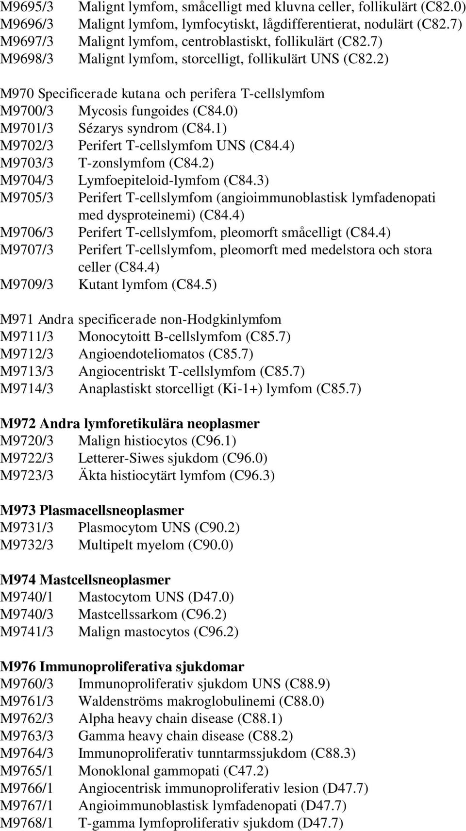 2) M970 Specificerade kutana och perifera T-cellslymfom M9700/3 Mycosis fungoides (C84.0) M9701/3 Sézarys syndrom (C84.1) M9702/3 Perifert T-cellslymfom UNS (C84.4) M9703/3 T-zonslymfom (C84.