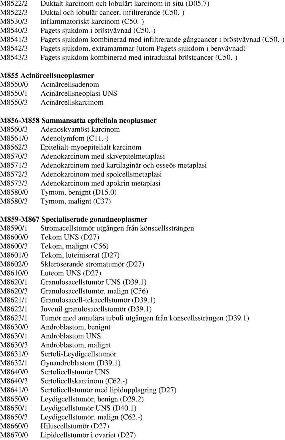 -) M8542/3 Pagets sjukdom, extramammar (utom Pagets sjukdom i benvävnad) M8543/3 Pagets sjukdom kombinerad med intraduktal bröstcancer (C50.