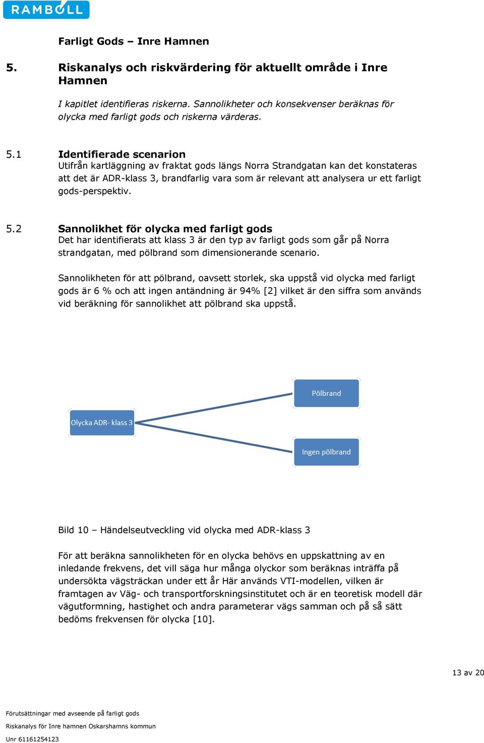 gods-perspektiv. 5.2 Sannolikhet för olycka med farligt gods Det har identifierats att klass 3 är den typ av farligt gods som går på Norra strandgatan, med pölbrand som dimensionerande scenario.