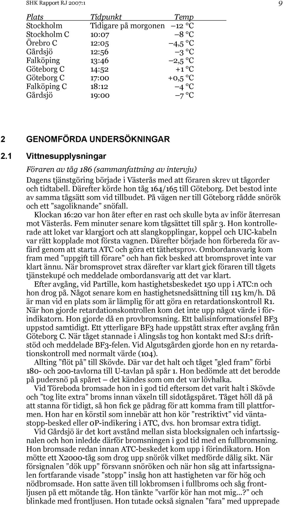 1 Vittnesupplysningar Föraren av tåg 186 (sammanfattning av intervju) Dagens tjänstgöring började i Västerås med att föraren skrev ut tågorder och tidtabell.
