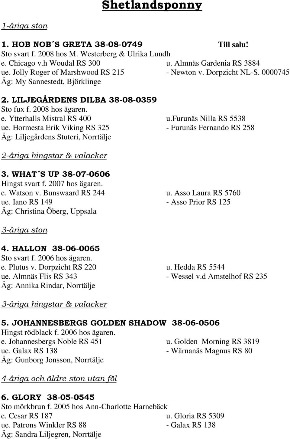 furunäs Nilla RS 5538 ue. Hormesta Erik Viking RS 325 - Furunäs Fernando RS 258 Äg: Liljegårdens Stuteri, Norrtälje 2-åriga hingstar & valacker 3. WHAT S UP 38-07-0606 Hingst svart f. 2007 hos ägaren.