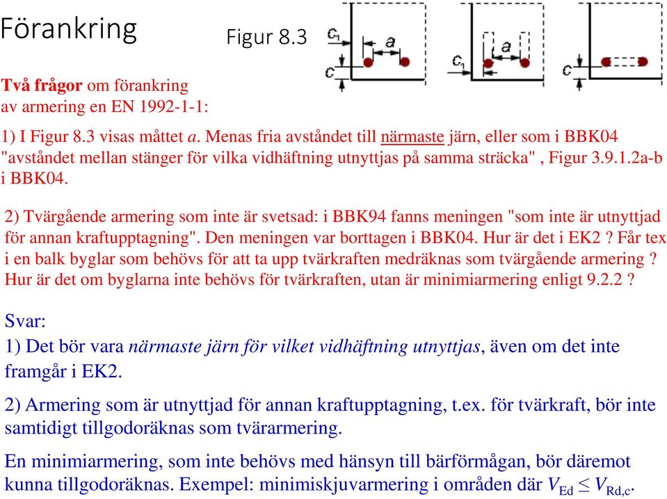 2) Tvärgående armering som inte är svetsad: i BBK94 fanns meningen "som inte är utnyttjad för annan kraftupptagning". Den meningen var borttagen i BBK04. Hur är det i EK2?
