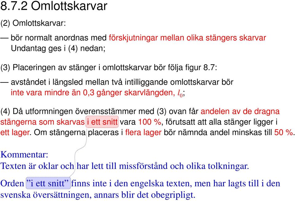 inte vara mindre än 0,3 gånger skarvlängden, l 0 ; (4) Då utformningen överensstämmer med (3) ovan får andelen av de dragna stängerna som skarvas i ett snitt vara 100 %, förutsatt att alla