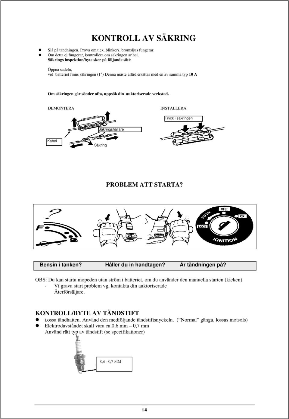 auktoriserade verkstad. DEMONTERA INSTALLERA Tryck i säkringen Säkringshållare Kabel Säkring PROBLEM ATT STARTA? Bensin i tanken? Håller du in handtagen? Är tändningen på?