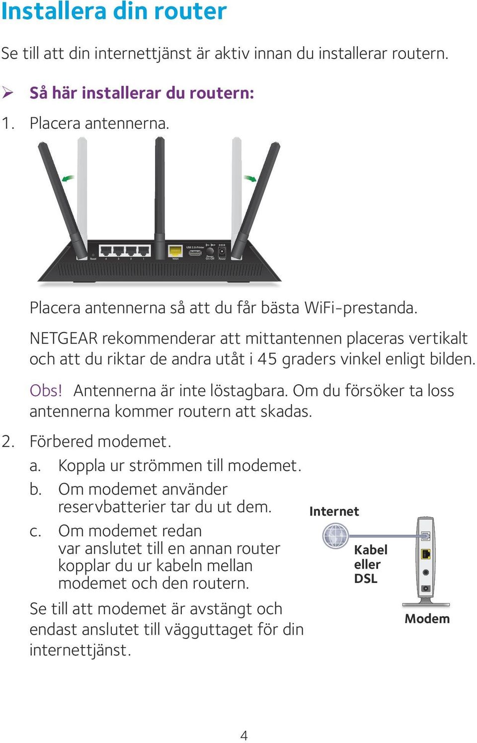 Antennerna är inte löstagbara. Om du försöker ta loss antennerna kommer routern att skadas. 2. Förbered modemet. a. Koppla ur strömmen till modemet. b.