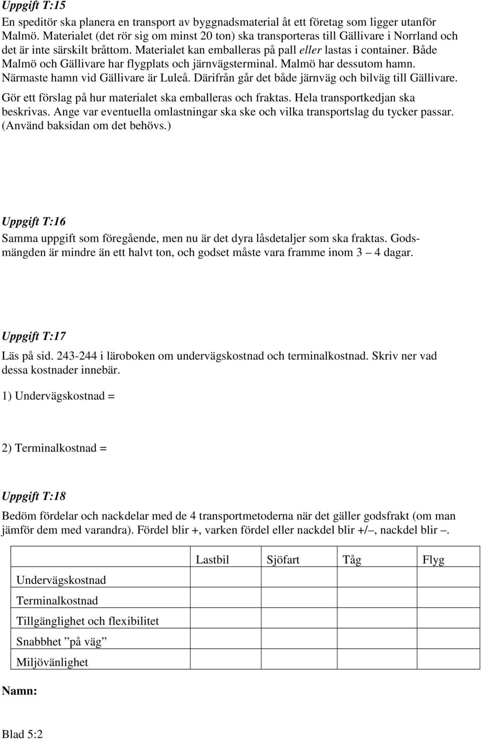 Både Malmö och Gällivare har flygplats och järnvägsterminal. Malmö har dessutom hamn. Närmaste hamn vid Gällivare är Luleå. Därifrån går det både järnväg och bilväg till Gällivare.