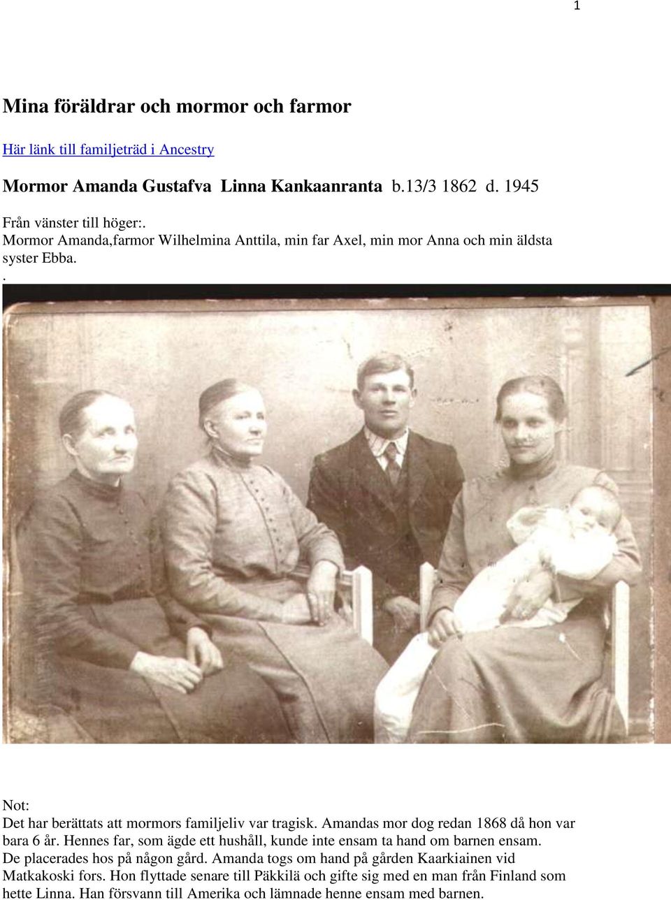 Amandas mor dog redan 1868 då hon var bara 6 år. Hennes far, som ägde ett hushåll, kunde inte ensam ta hand om barnen ensam. De placerades hos på någon gård.